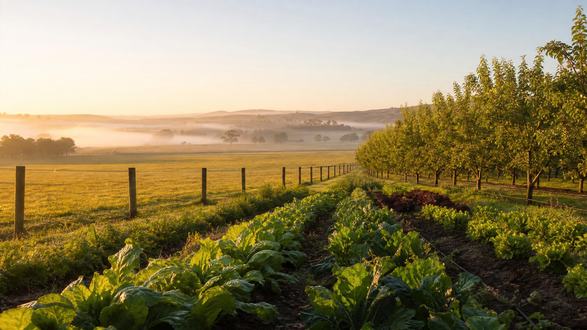 Rows of produce and orchard trees at sunrise in the highlands